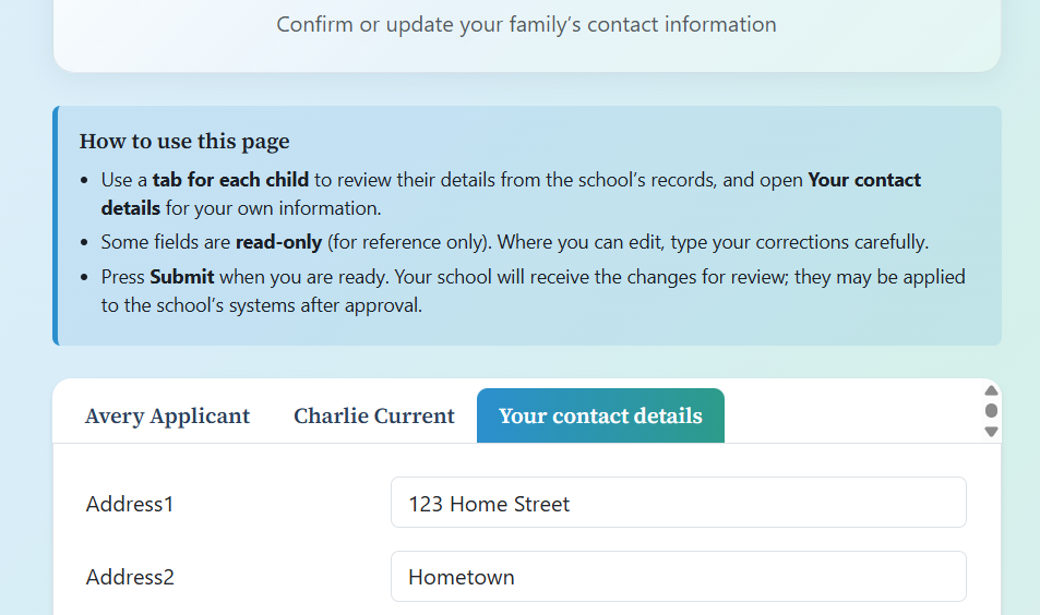 Example parent update form showing the Parent or contact tab for guardian details.