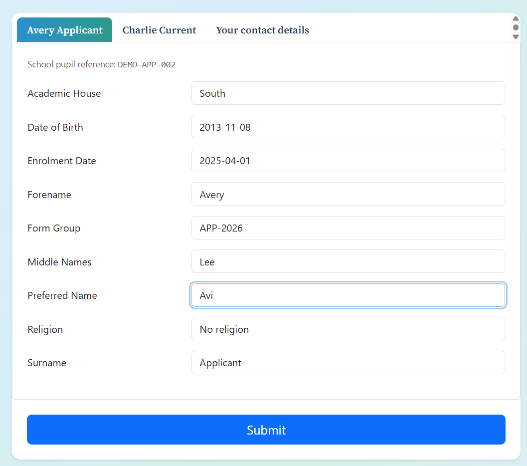 Example parent update form showing the Pupil tab with labelled fields ready to review or edit.