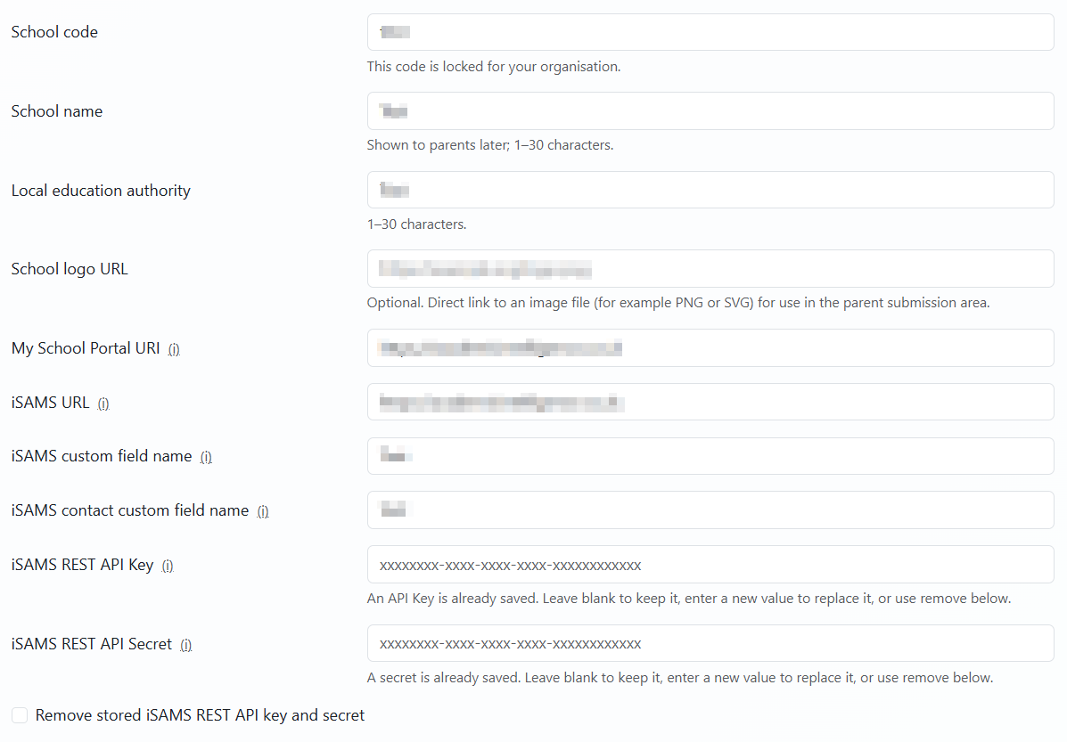 School integration settings: My School Portal URI, iSAMS URL, REST API credentials, custom field names for pupil and contact, and field behaviour.